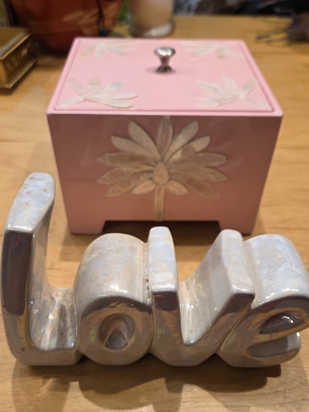 Pink Decorative Box with Ceramic 'Love' Figurine